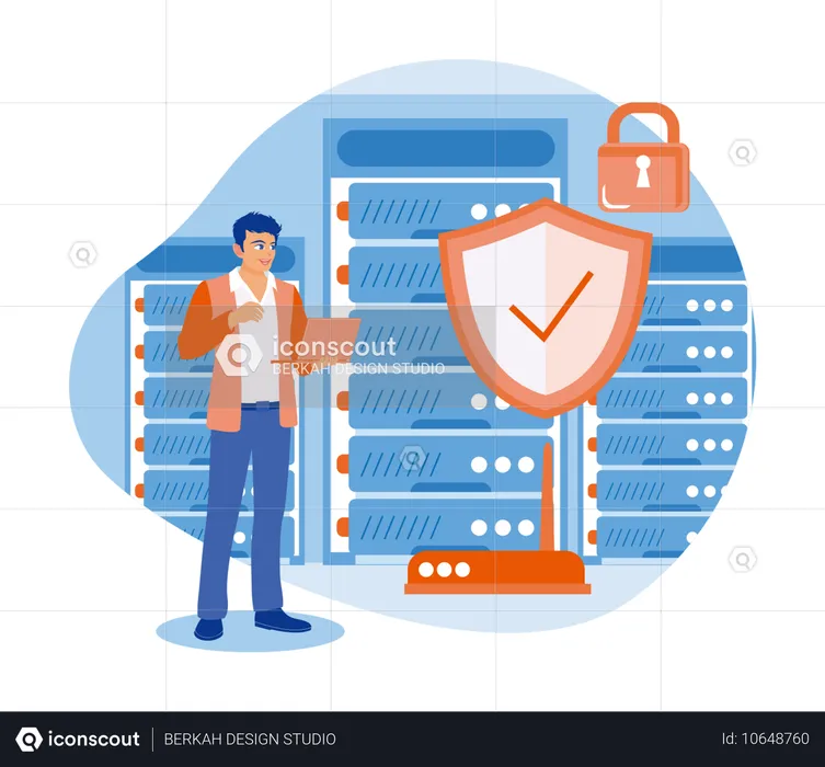 Hombre de negocios guardando datos en una computadora portátil  Ilustración