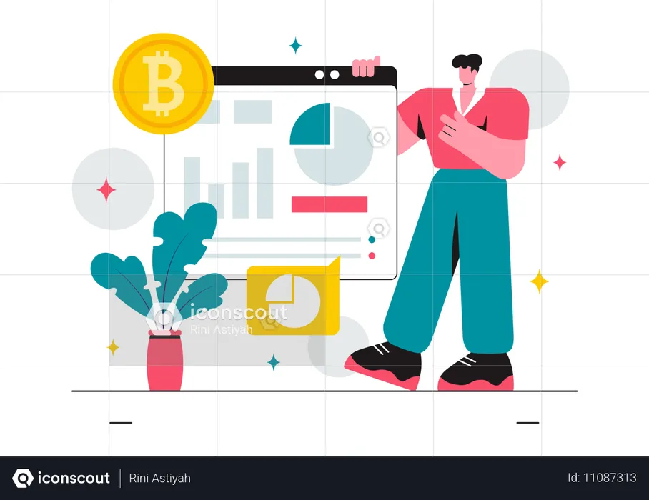 Hombre de negocios haciendo análisis de bitcoin en línea  Ilustración