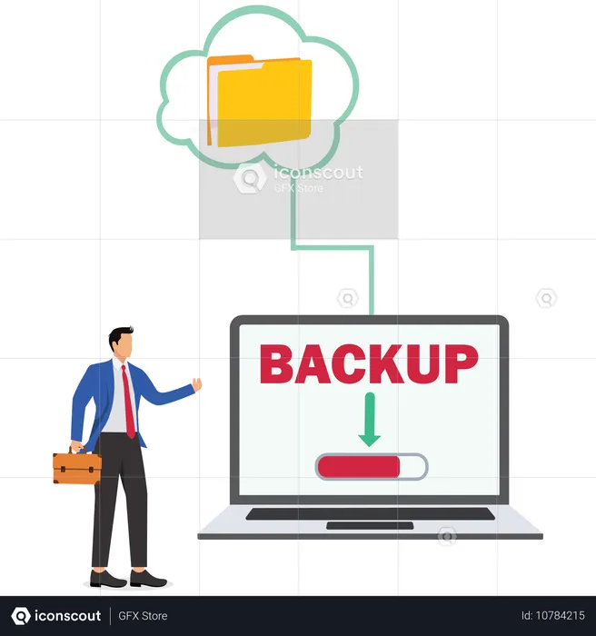 Hombre de negocios haciendo una copia de seguridad en la nube en una computadora portátil  Ilustración