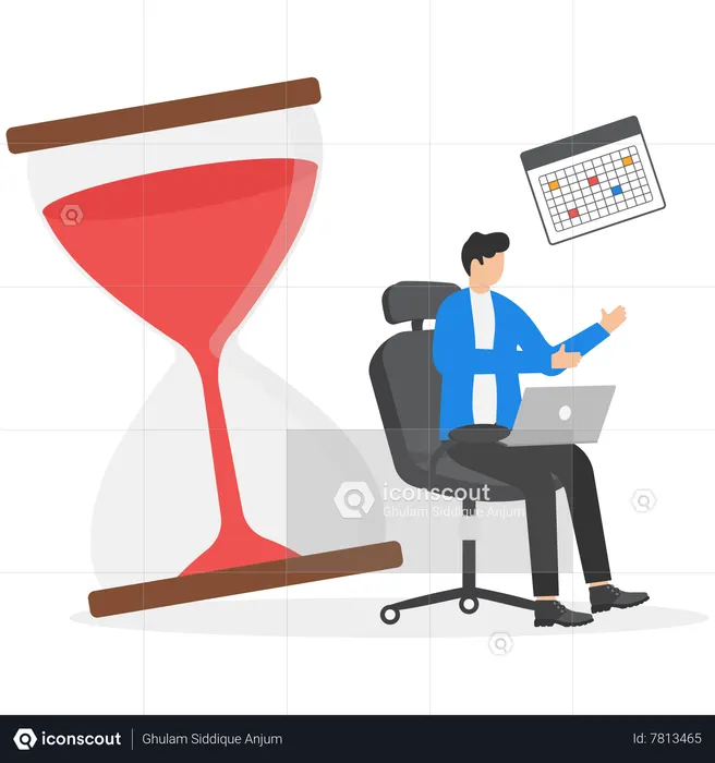 Empresario haciendo tareas en la computadora portátil con reloj de arena  Ilustración