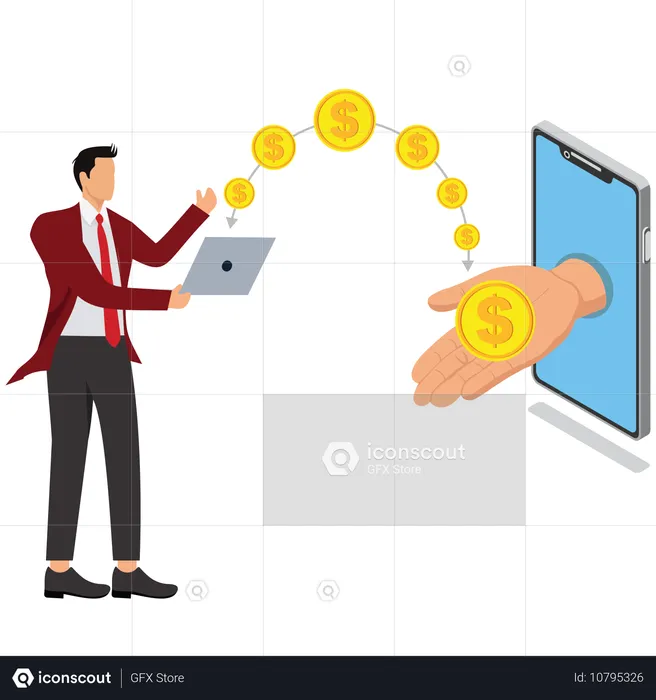 Hombre de negocios haciendo transferencia de dinero  Ilustración