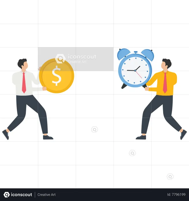 Empresario sosteniendo moneda de dólar y reloj  Ilustración
