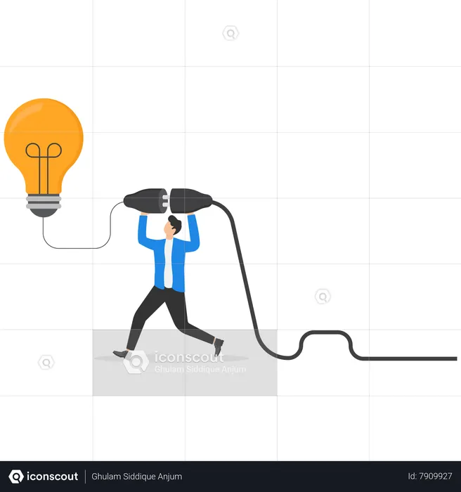 Un hombre de negocios inteligente conecta el enchufe eléctrico para encender la idea de una bombilla brillante  Ilustración