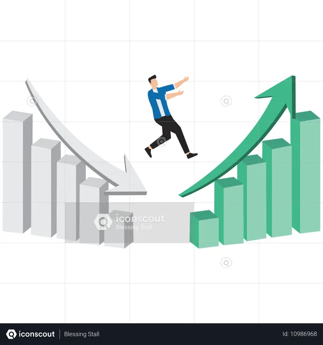 Empresário inteligente passando do gráfico vermelho de declínio para o gráfico de crescimento empresarial  Ilustração