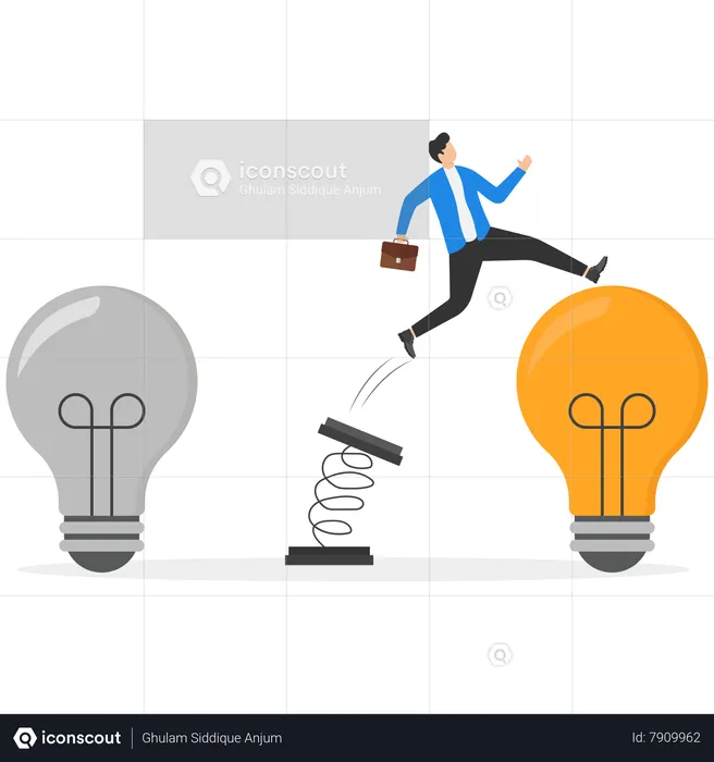 Empresário inteligente salta das antigas para as novas ideias de lâmpadas brilhantes  Ilustração