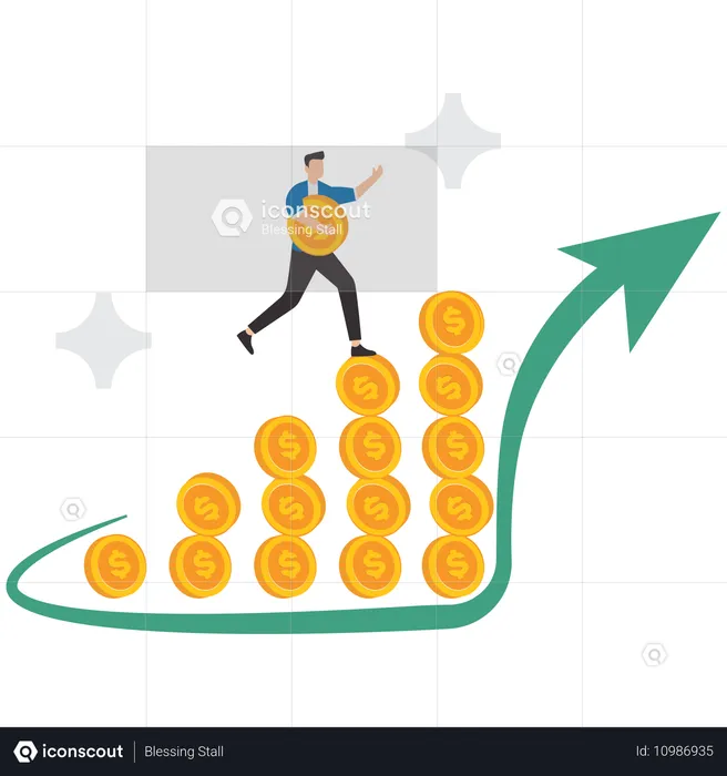 El empresario inversor trae dinero y señala el gráfico del dinero para alcanzar la cima del éxito  Ilustración