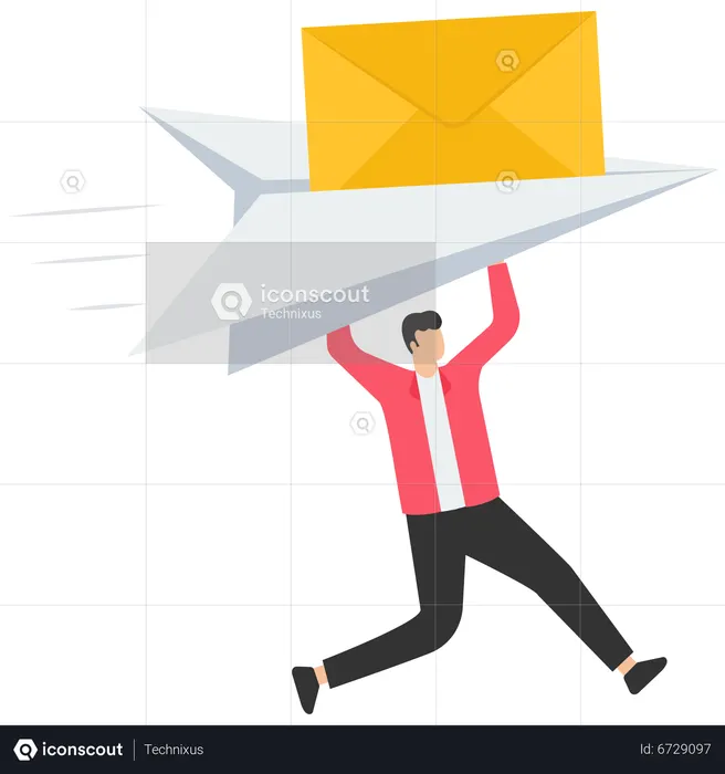 Empresário lançando avião de papel de origami no formulário de inscrição por e-mail no site  Ilustração