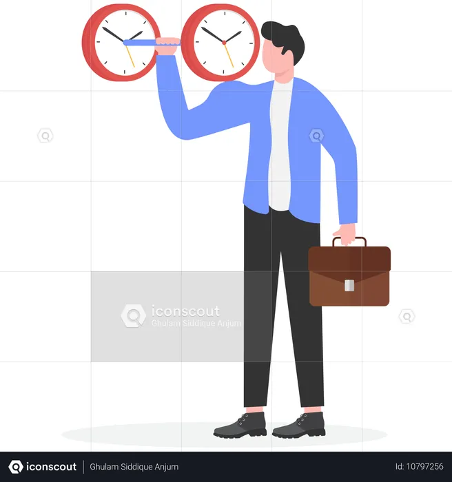 Hombre de negocios levantando pesas con reloj  Ilustración