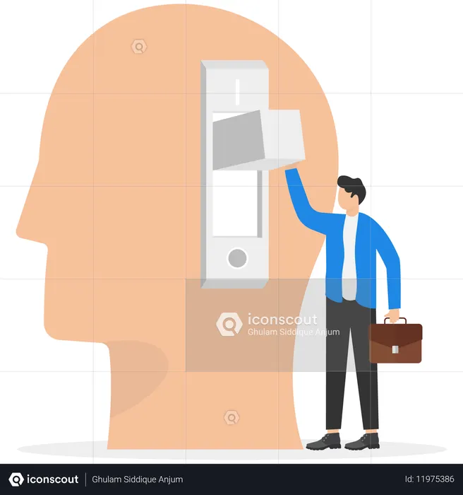 Empresário liga interruptor em cabeça gigante  Ilustração