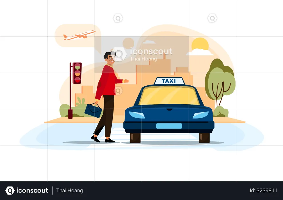 Empresario llamando a un taxi para el aeropuerto  Ilustración