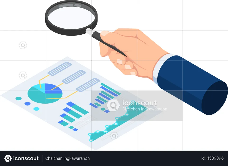 La mano del hombre de negocios usa una lupa para verificar los informes  Ilustración