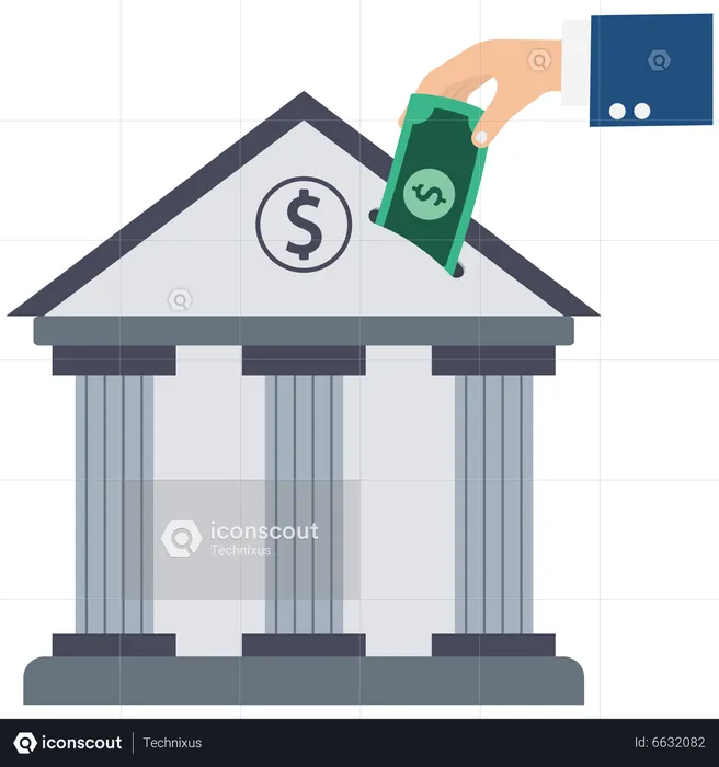 Mão de empresário coloca moeda de dólar no banco de investimento  Ilustração