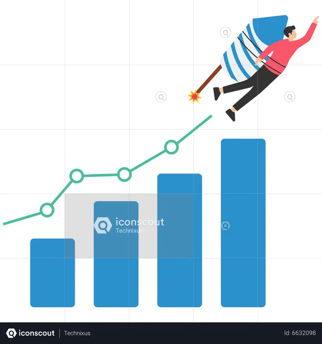 Empresario montando cohete en gráfico de barras de crecimiento  Ilustración