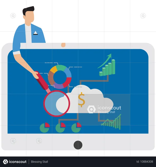 Empresário mostrando gráfico de barras no laptop  Ilustração