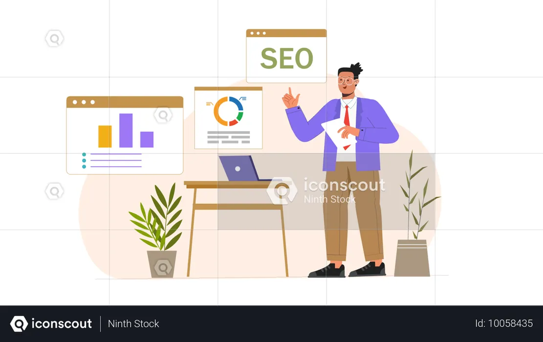 Hombre de negocios mostrando informe de SEO  Ilustración