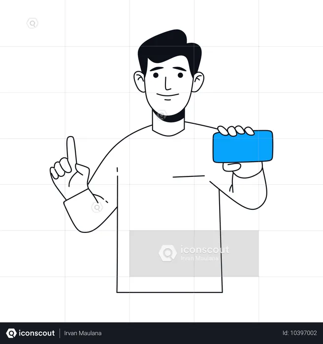 Empresário mostrando a tela do celular com uma mão enquanto segura o dedo levantado com a outra mão  Ilustração