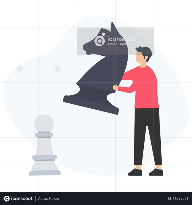 Empresário movendo uma grande peça de xadrez do cavalo em direção ao peão  Ilustração