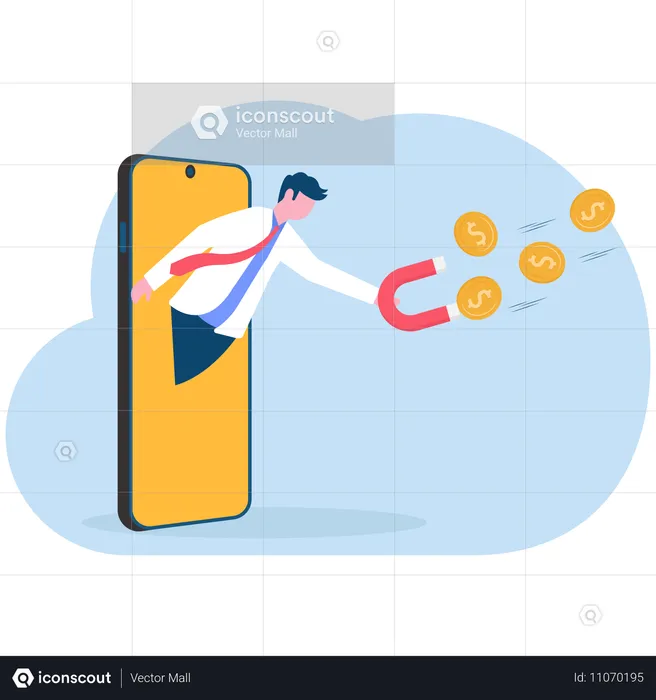 Empresário na tela do smartphone segurando um grande ímã para atrair dinheiro  Ilustração