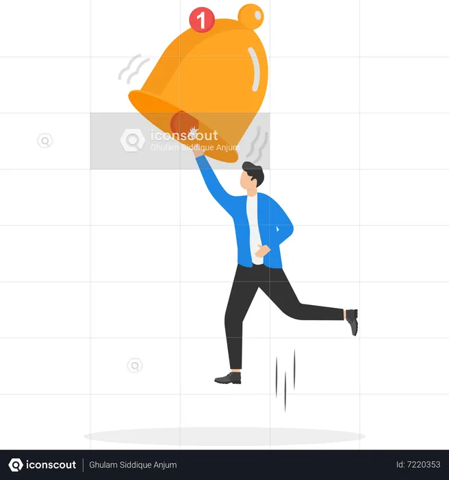 Novo assinante do empresário tocando uma campainha grande com número de notificação  Ilustração