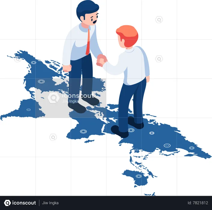 Empresario o político estrechándole la mano sobre el mapa mundial  Ilustración