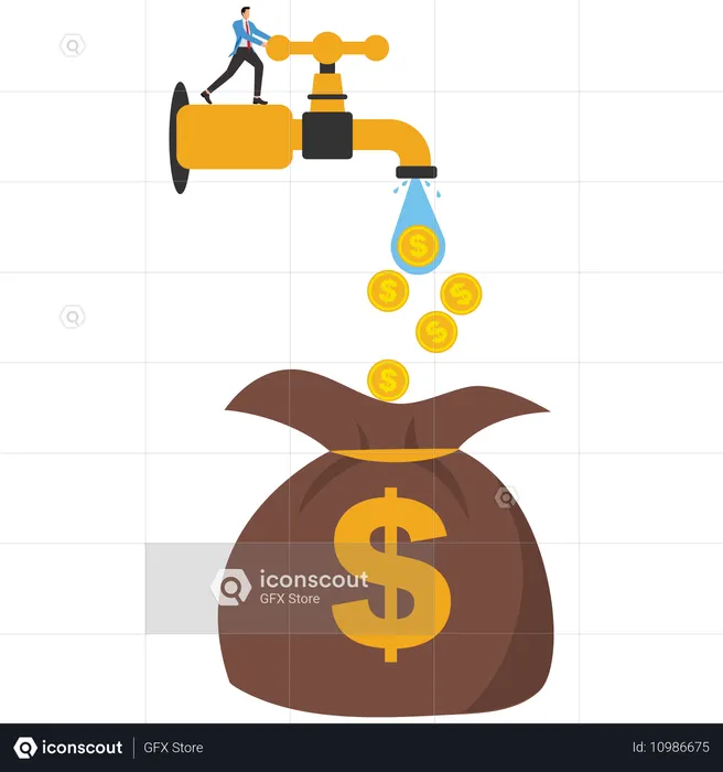 Empresário observa fluxo de moeda da torneira  Ilustração