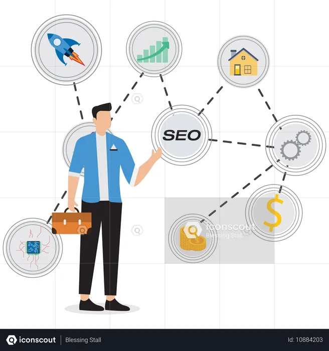 Empresário buscando otimização de SEO  Ilustração