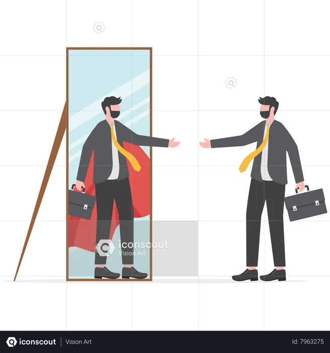 Empresário olhando para seu forte espelho de reflexão de super-herói ideal  Ilustração