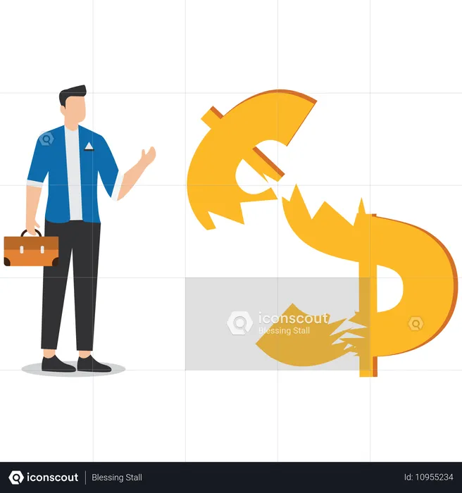 Empresário em pé ao redor do dólar quebrado  Ilustração