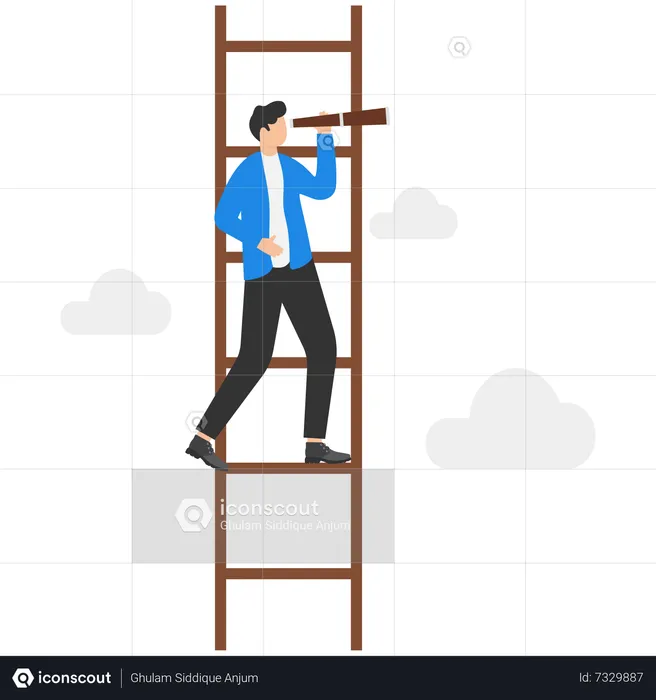 Empresario de pie en la escalera sosteniendo el telescopio mirando a lo lejos  Ilustración