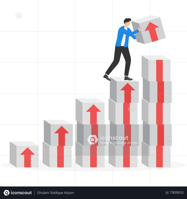 Empresário pendurado acima da caixa de empilhamento da seta de crescimento subindo  Ilustração