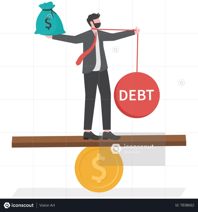 Empresario sopesando entre deuda e ingresos  Ilustración