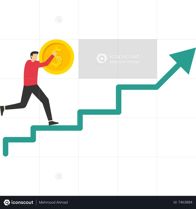 Empresario llevando una gran moneda de dólar aumentando el gráfico financiero  Ilustración