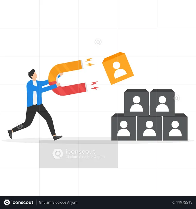 Hombre de negocios que utiliza un imán para atraer a un empleado para su nuevo personal.  Ilustración
