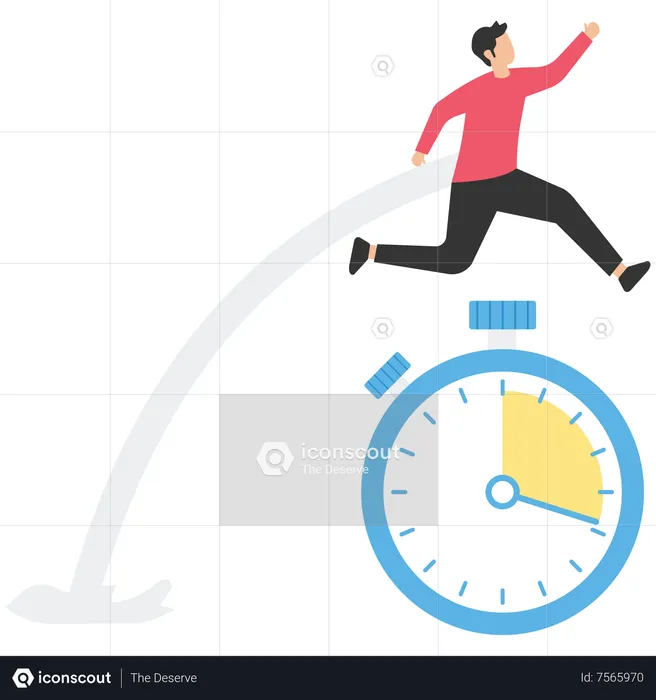 Hombre de negocios rápido corriendo y saltando alto sobre el reloj del cronómetro de cuenta regresiva  Ilustración