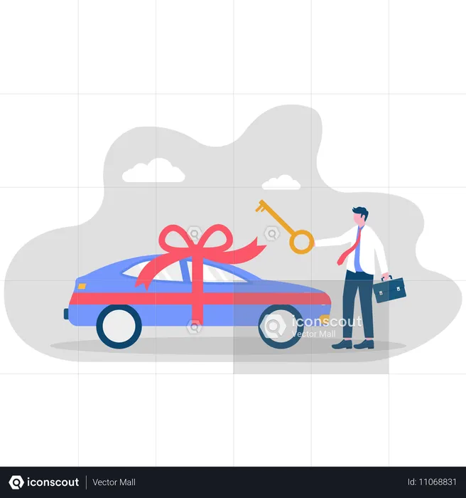 Hombre de negocios recibiendo un coche como regalo  Ilustración