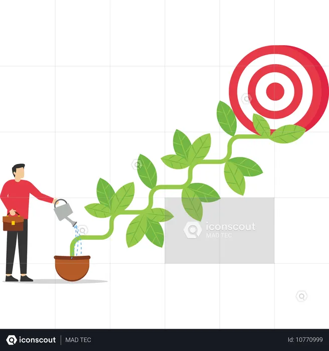 Empresario regando plántulas que crecen en macetas de dardos que crecen como escaleras  Ilustración