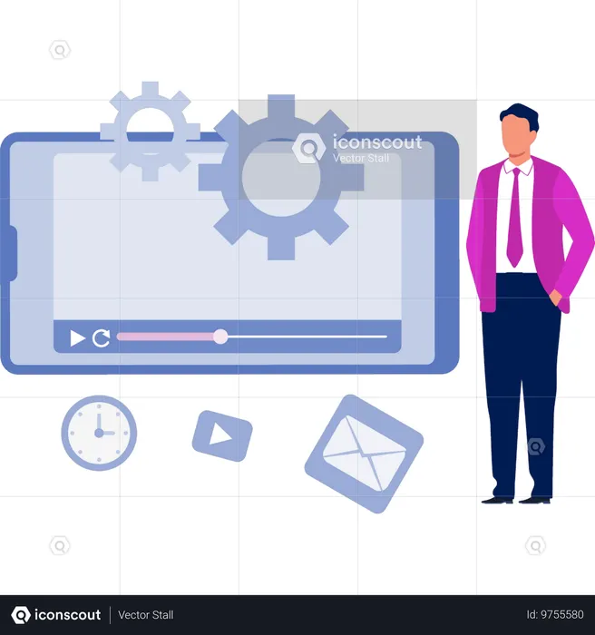 Empresário reproduzindo vídeo após configuração móvel  Ilustração