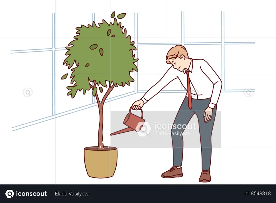 Empresario regando un árbol que simboliza inversiones y dividendos recibidos a través de la educación financiera  Ilustración