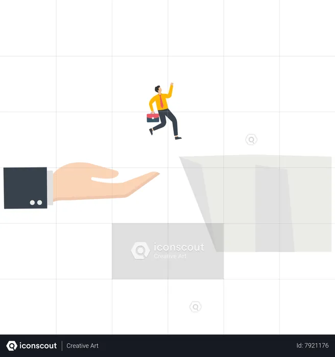 Empresário salta para um penhasco com uma mão amiga  Ilustração