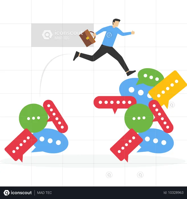 Hombre de negocios saltando de globos de diálogo pequeños a grandes  Ilustración