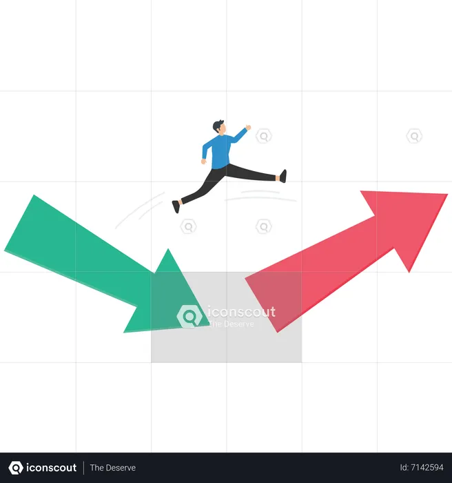 El hombre de negocios salta de la flecha roja que apunta hacia abajo al verde levantándose  Ilustración