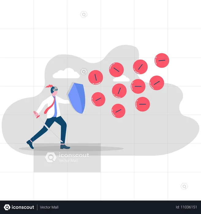 Empresário segurando escudo contra ataque de pensamentos negativos  Ilustração