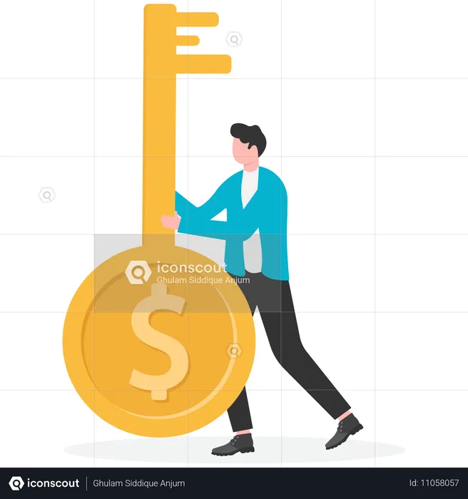 Empresário segurando a chave financeira  Ilustração