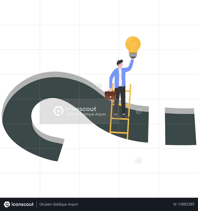Empresário segurando lâmpada e saindo do ponto de interrogação  Ilustração