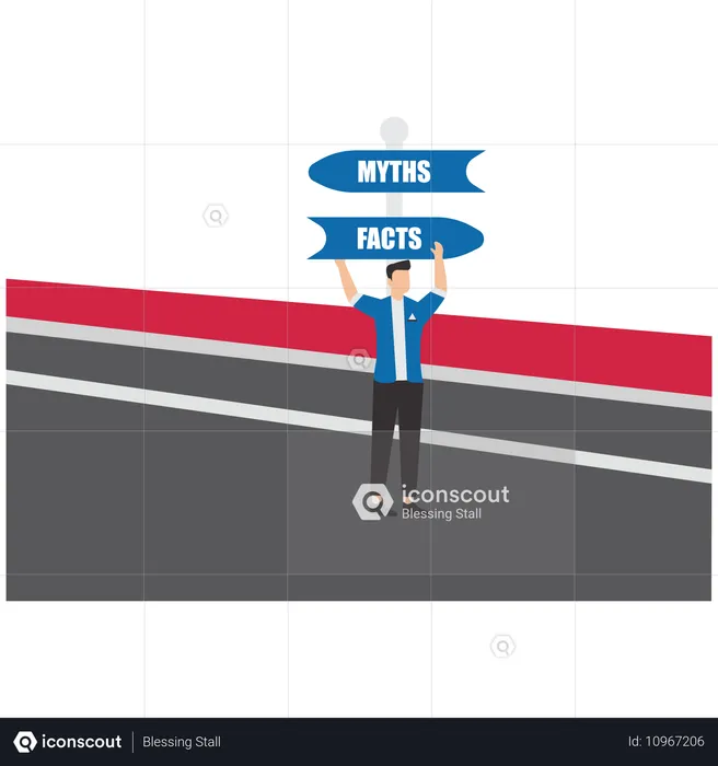 Empresário segurando uma placa para Mitos vs fatos  Ilustração