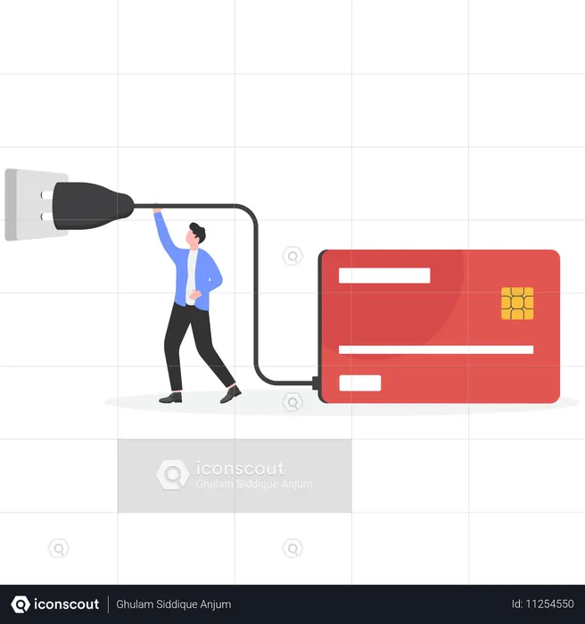 Empresário segurando plugue para carregar cartão de crédito  Ilustração