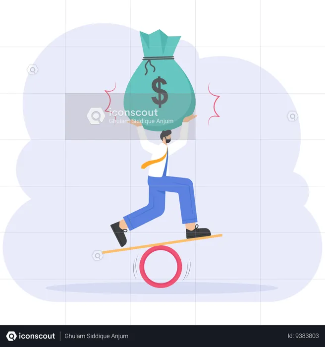 Empresário segurando o saco de dinheiro mantendo o equilíbrio  Ilustração