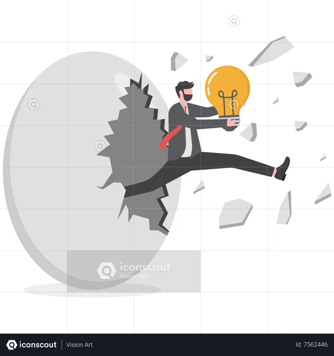Empresário segurando uma lâmpada de grande ideia e saindo de uma casca de ovo gigante  Ilustração