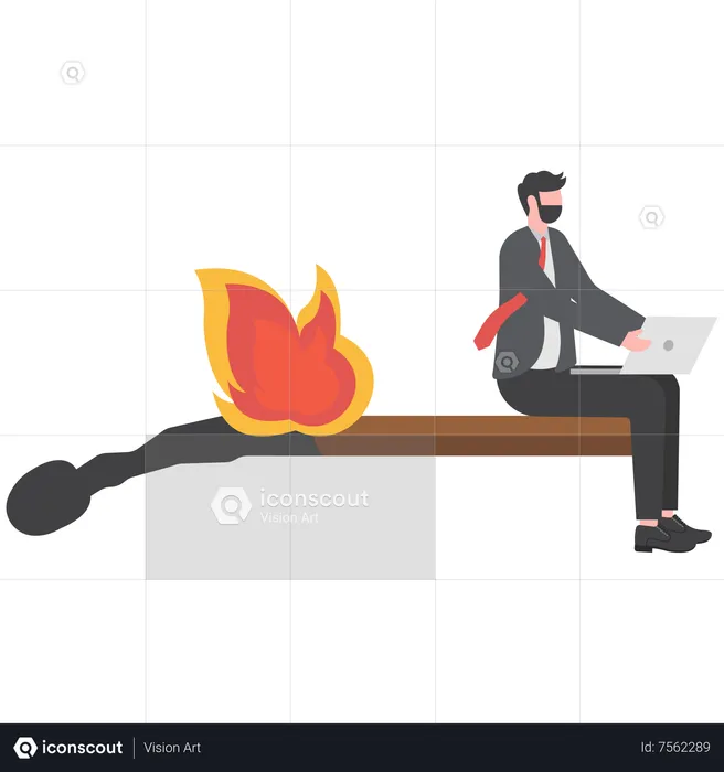 Empresario sentado sobre una cerilla encendida  Ilustración