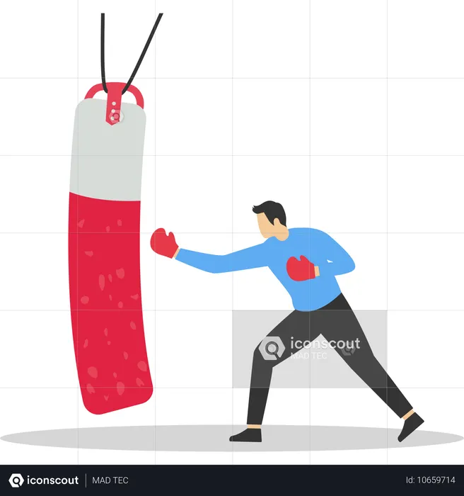 Empresário socando saco de areia de boxe  Ilustração